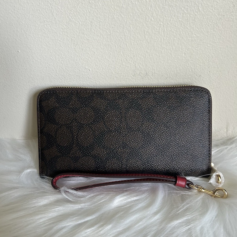 Coach Long Zip Around Wallet Signature Canvas Walnut True Red CW778 NWT - Picture 2 of 5